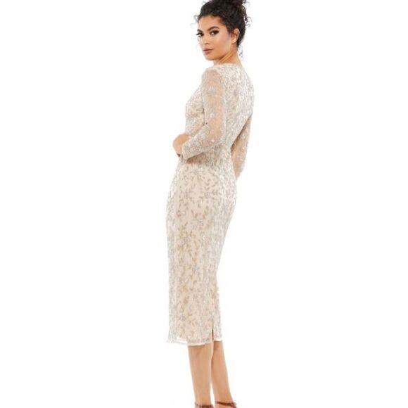 Mac Duggal 10812 Porcelain Beaded Tea Length Dress Sheer Sleeves 6 NWT - Picture 3 of 12